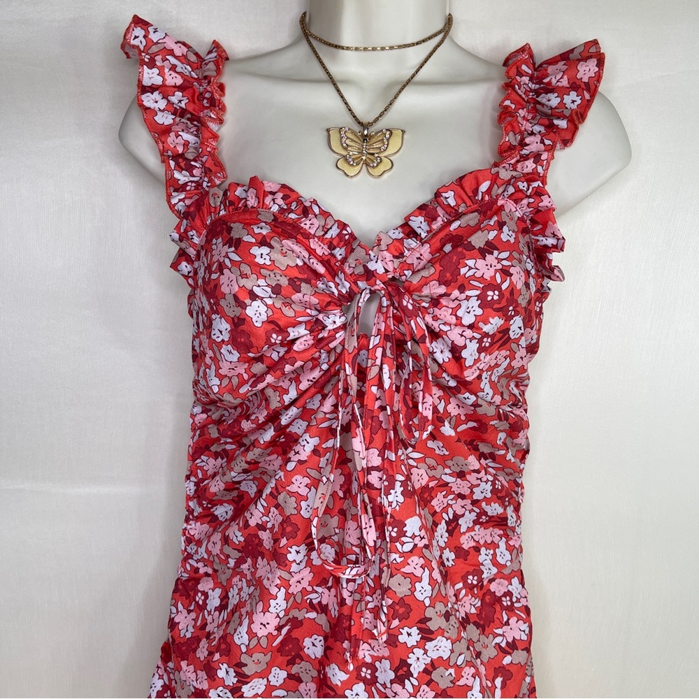 Chicme Red Floral Ruffle Ruched Front Keyhole Mini Dress Size Medium